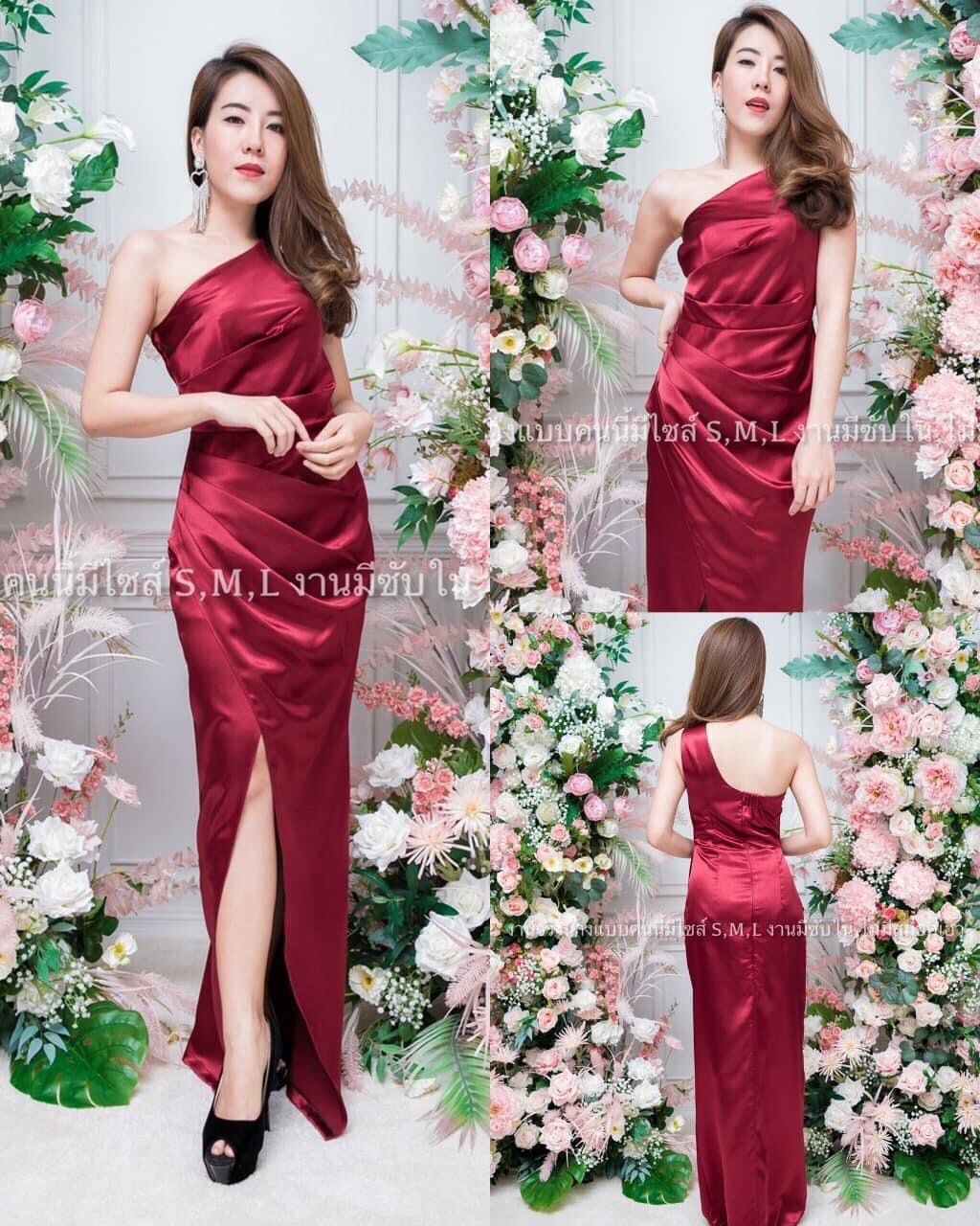 kudapy ชุดราตรียาวไหล่เฉียง เอวจีบข้าง กป.ยาว ผ้าเปเป้ไม่ยืด สีเขียวมิ้นท์ ,ฟ้า ,โอรส ,กรมท่า