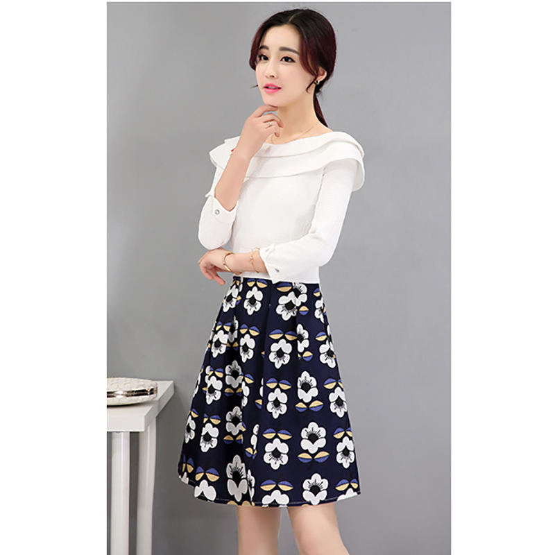 kudapy ชุดเดรสสีทูโทน เสื้อสีขาว กระโปรงสีน้ำเงิน ใส่ได้หลากหลายโอกาส XL