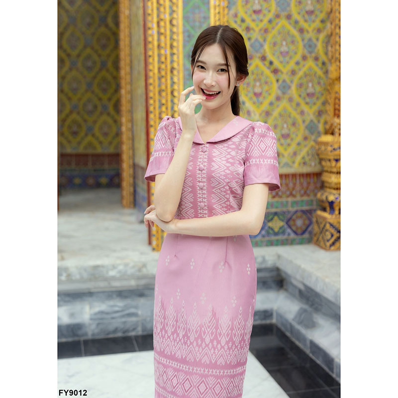 kudapy เดรสสั้นสีม่วง/สีกรม/สีชมพู ผ้าทอแต่งปกติดกระดุมหน้า