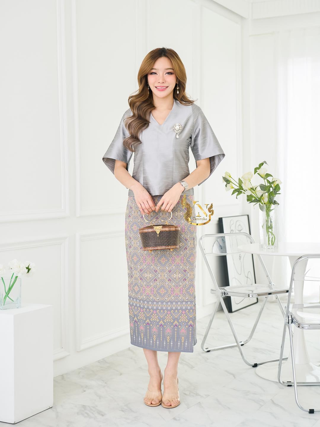 kudapy ชุดเซ็ทเสื้อผ้าไหมแพรทิพย์ สีเทา+ผ้าถุงผ้าฝ้ายทอลายแพรวากาฬสินธุ์