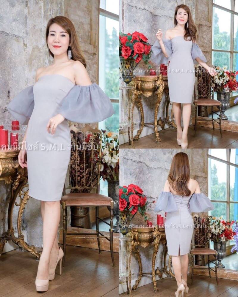 kudapy ชุดราตรีสั้นไปงาน สีโอวัลติน, ชมพู ,เลือดหมู, กรมท่า, เทา เดนสเกาะอกแขนพอง กปสั้น