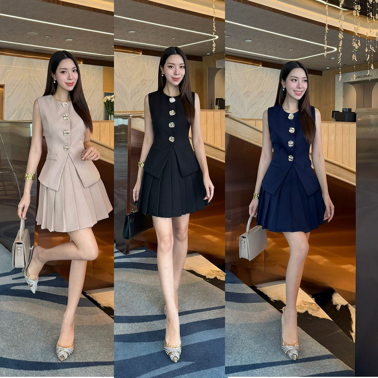 kudapy set เสื้อแขนกุด แต่งกระดุมสีทองเม็ดใหญ่ด้านหน้า(กระดุมทองเย็บติด ด้านใน มาพร้อมกับกระโปรงแต่งจีบ