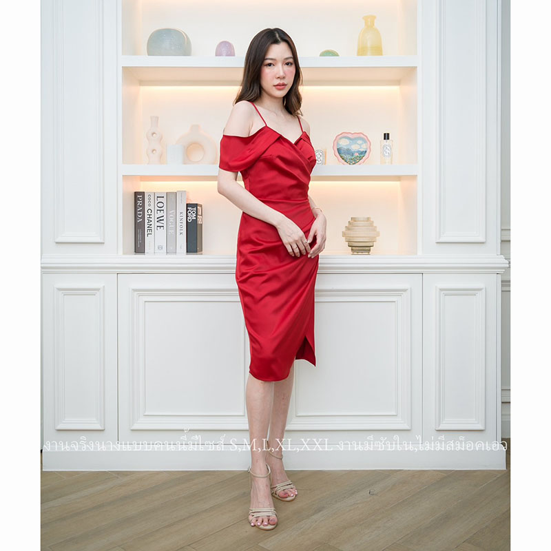 kudapy เดรสสั้นสีไวน์แดง/สีน้ำตาลอิฐ/สีชมพู ชุดราตรีสั้นปาดไหล่พรีเมี่ยมเกรด