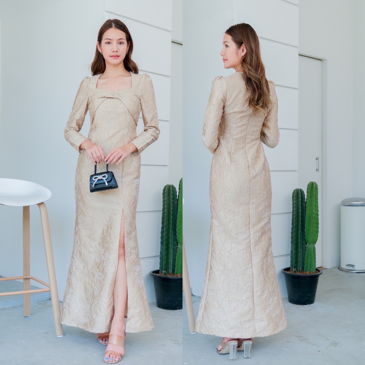 kudapy เดรสยาวสีดำ/สีแดง/สีชมพู/สีทอง/สีฟ้า/สีกรม คอเหลี่ยม ดีไซส์ทวิสอกแขนยาว กระโปรงทรงหางปลา ซิบหลังเนื้อผ้าทอลายนูน