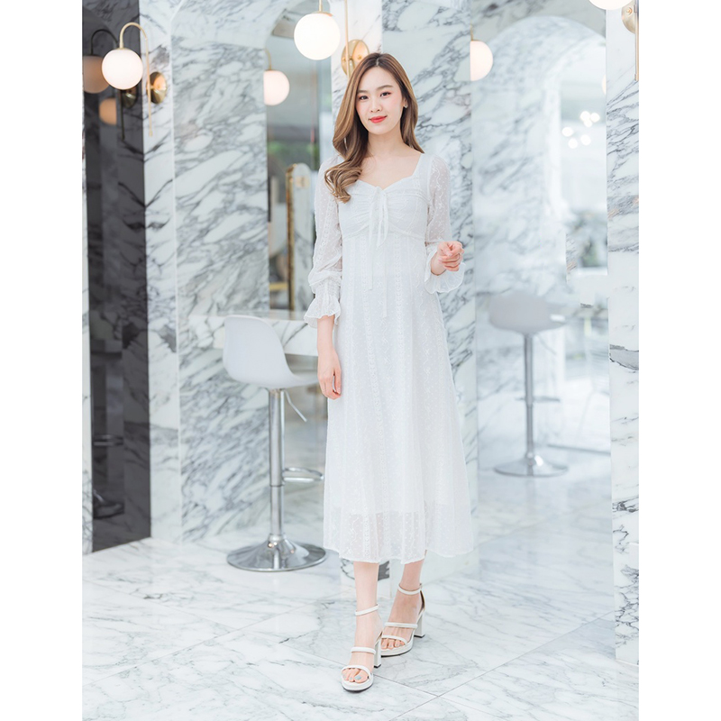 kudapy เดรสยาวสีกรม/สีขาว/สีชมพู แขนยาวลูกไม้ซีทรู สวยดูดีใส่สบายตัว