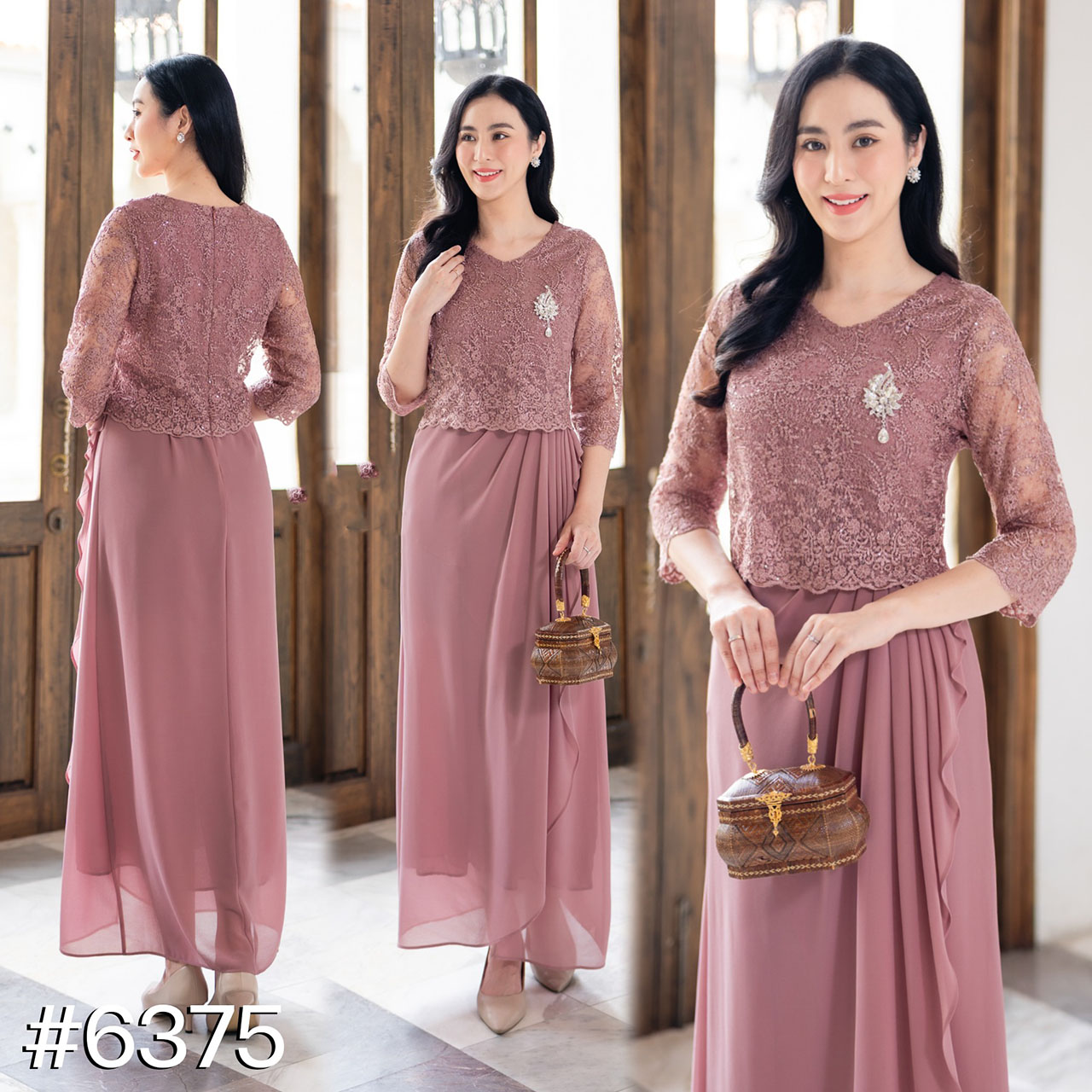 kudapy เดรสยาวสีชมพู/สีครีม/สีชมพูกะปิ เดรสออกงานตัวเสื้อลูกไม้ใยบวบทอแน่น ลูกไม้ปักเลื่อม ตัวกระโปรงจับจีบเป็นผ้าชีฟอง2ชั้น