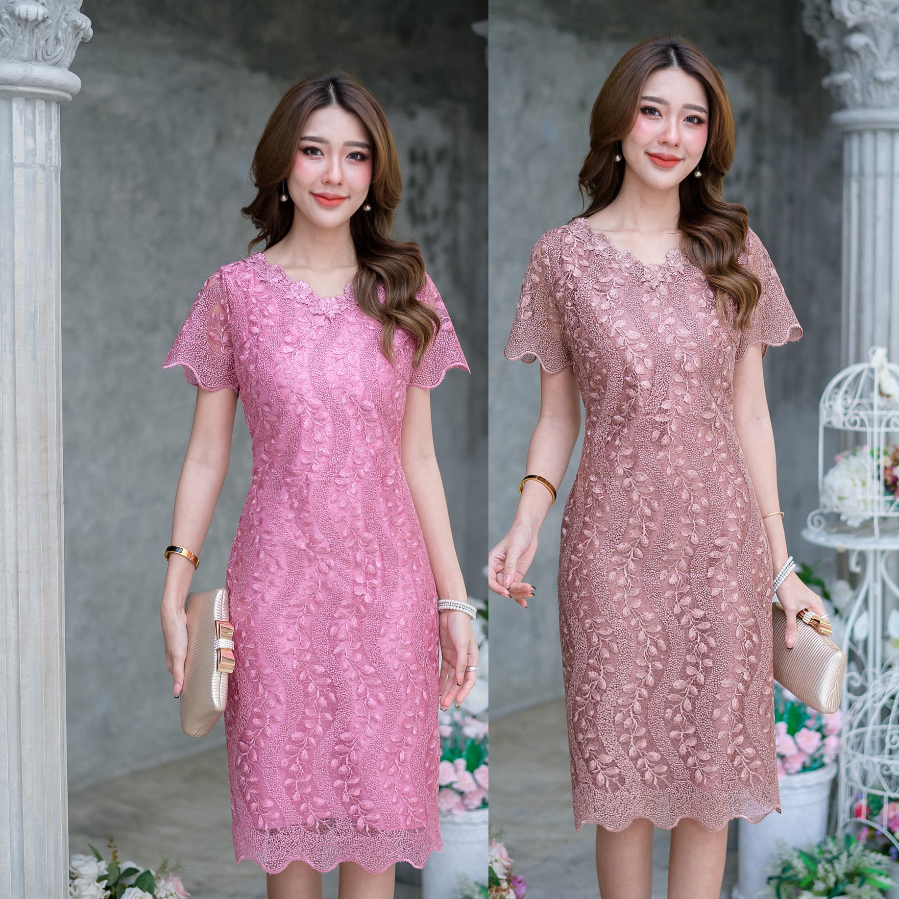 kudapy เดรสไปงานผ้าลูกไม้เงาทอลายผสมเลื่อมสีชมพู/สีน้ำตาล เนื้อผ้าสวยหรูดูแพงมากๆค่ะ ดีไซน์ทรงตรงสวยใส่ง่าย คอวีทำให้ดูไม่อ้วนตัน