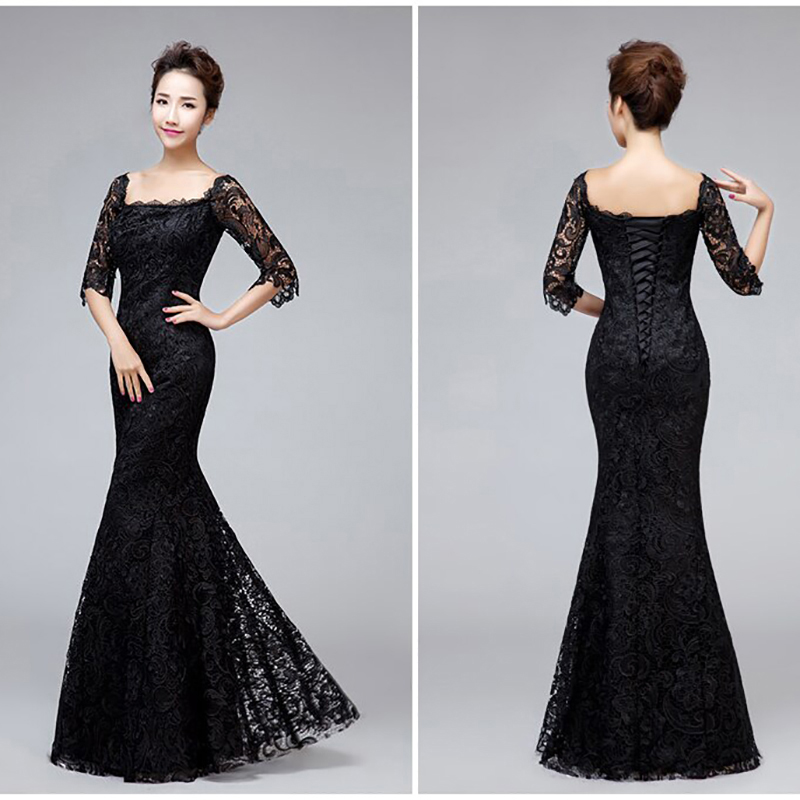 kudapy ชุดราตรียาวสีดำ ทรงหางปลา ลูกไม้ทัั้งตัว เปิดไหล่ แขนสามส่วน (เชือกผูกหลัง)