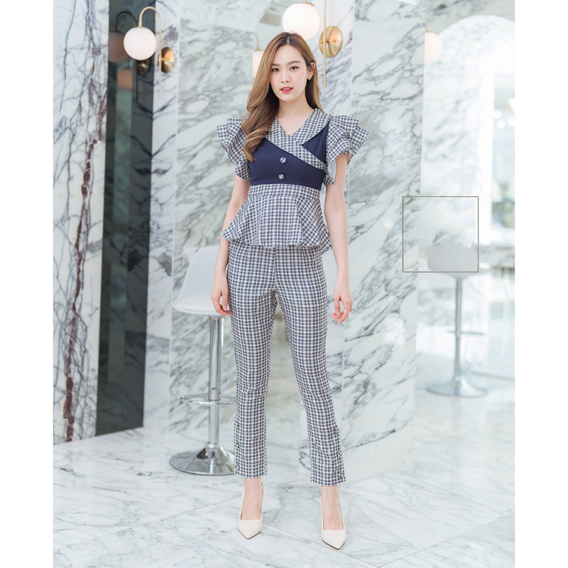 kudapy เซทเสื้อสกอต+กางเกงขายาวลายสกอตสีดำ/สีส้ม