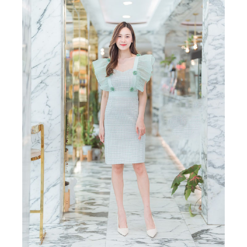 kudapy เดรสสั้นสีเขียว/สีชมพู ผ้าทวิตแขนระบาย