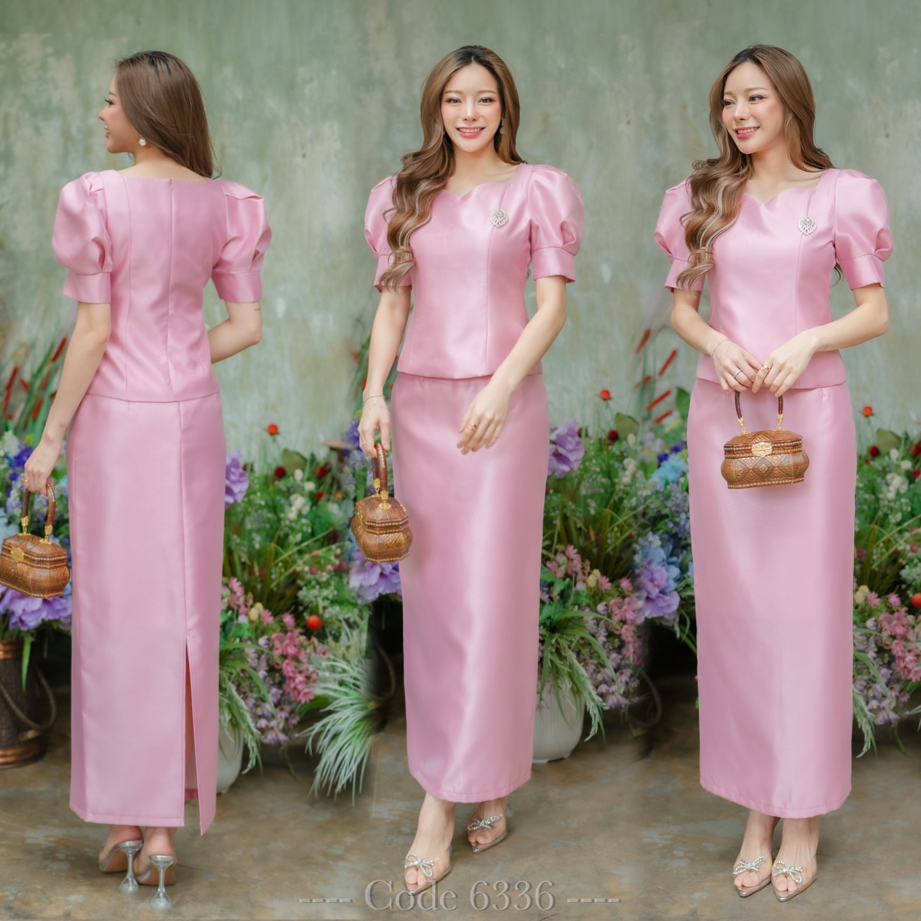 kudapy Set เสื้อ+กระโปรงทรงสอบผ่าหลังสีทอง/สีชมพู งานไหมจิตรลดาสี่เส้น งานผ้าอัดกาวทั้งเสื้อและกระโปรง เสื้อคอหัวใจแขนเจ้าหญิงทรงเข้ารูป
