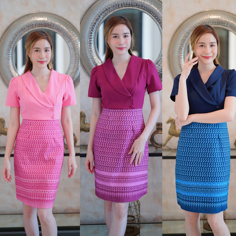 kudapy เดรสสั้นสีชมพู/สีกรม/สีม่วง คอปกสูทลายไทยใส่ออกงานวยดูดีมากๆ