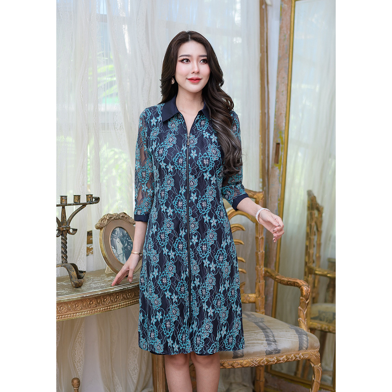 kudapy เดรสสั้นสีม่วง(หม่น)/สีกรม ลูกไม้สไตล์เชิต ผ้าเนื้อนิ่มมาก ด้านหน้ามีกิมมิคแต่งซิปเก๋