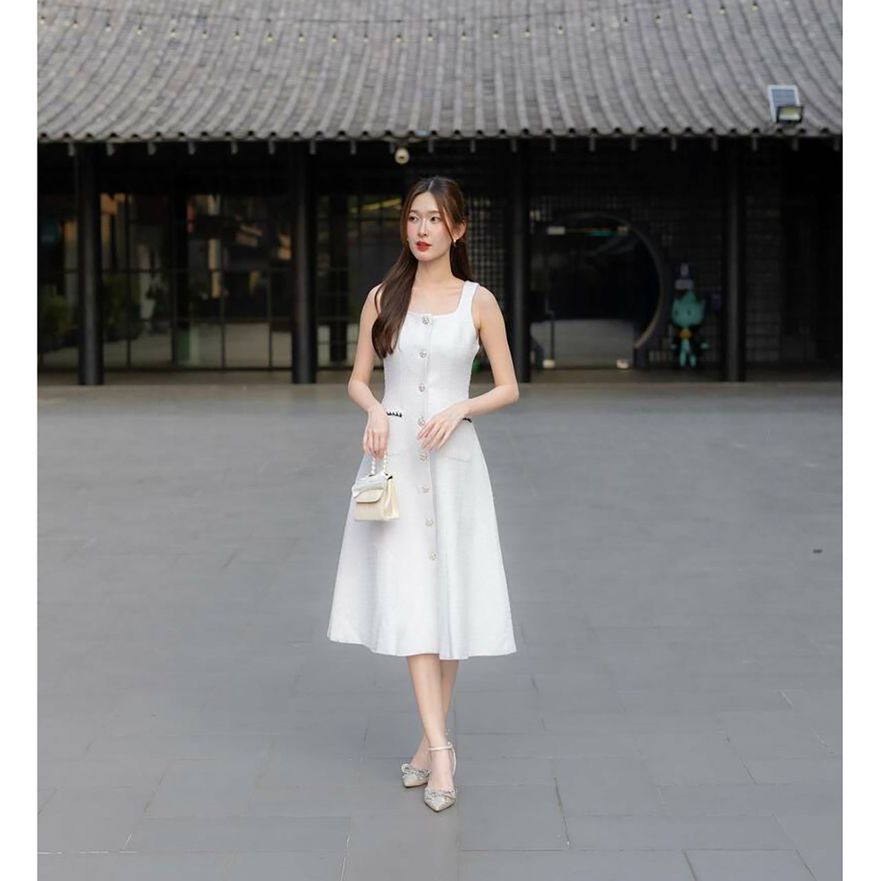 kudapy เซ็ทออกงานผ้าทวิต+เสื้อคลุมสีขาว/สีแดง/สีดำ