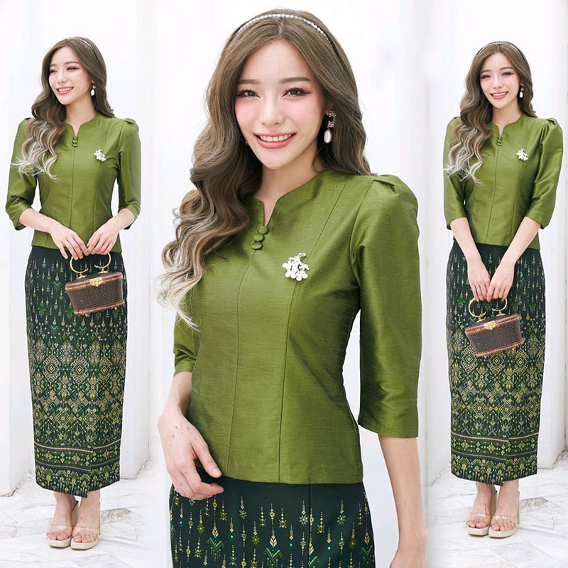kudapy ชุดเซทชุดไทยประยุกต์สีเขียว/สีฟ้า งานไหม 3 เส้น 4 ตะกอ ใส่ออกงานสวยดูดี คุณนายมากๆ