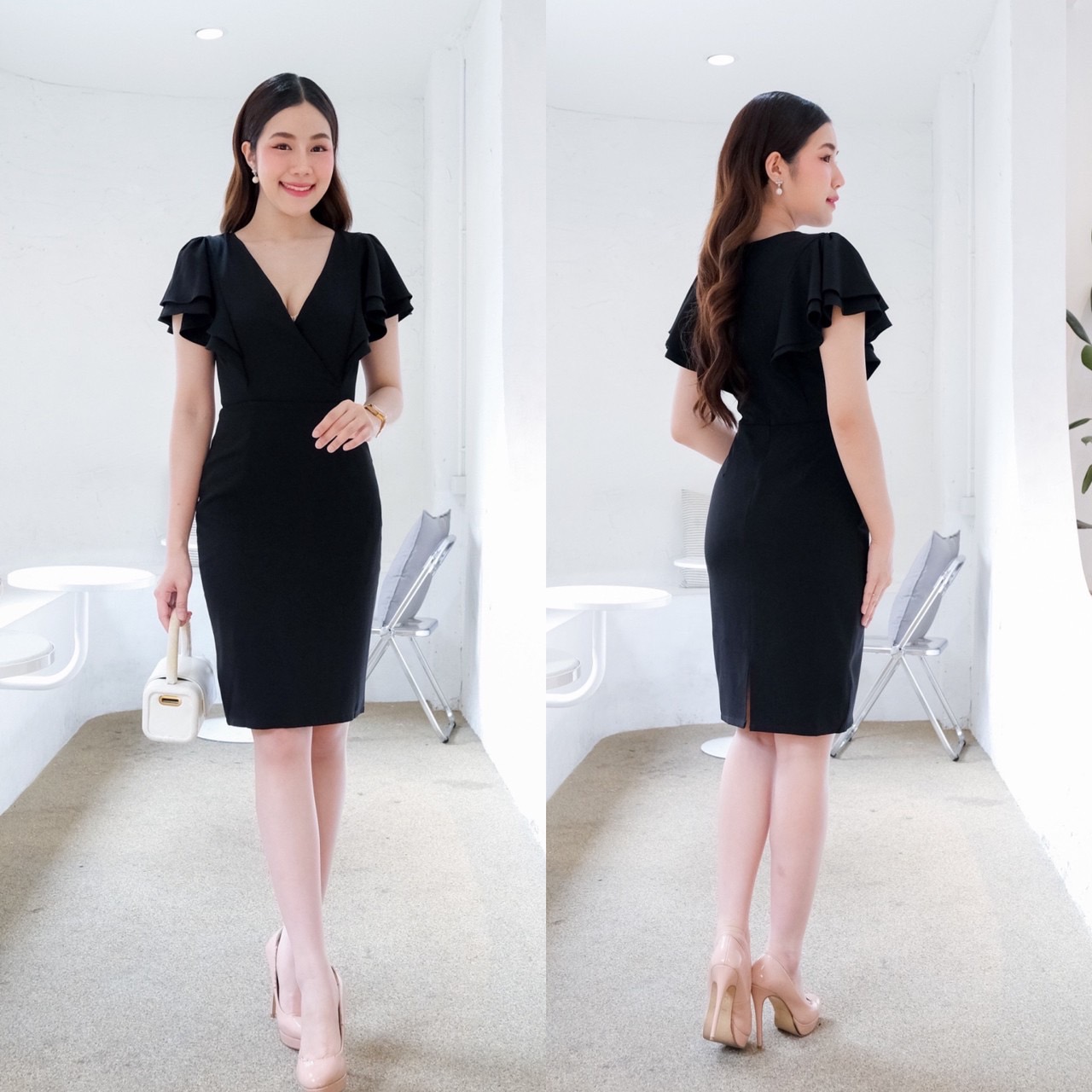 kudapy เดรสสั้นสีเขียวพิตาชิโอ้ ฟ้าอมเทา ส้มอิฐ ชมพู แดง กรม คอวีอกไขว้ จับจีบแขนระบายพริ้วพรางต้นแขน ทรงนี้เรียบหรู