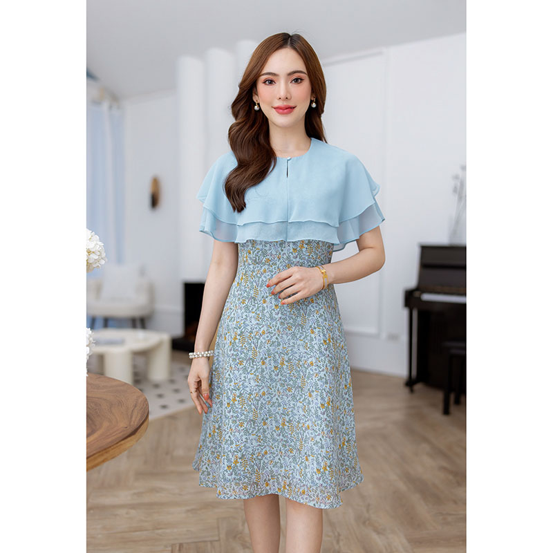 kudapy เดรสสั้นสีฟ้าอมเขีว/สีดำ ชีฟอง ระบายสองชั้น สวยพริ้ว ตัวเดรสเป็นชีฟองลายดอกสวย ตัดกับชีฟองสีพื้น สวยลงตัว