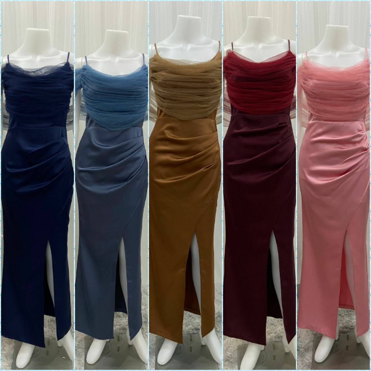 kudapy เดรสยาวออกงาน ปาดไหล่ แต่งสายเดี่ยว เดรสผ้าเครปซาตินเนื้อนิ่มลื่น S M L XL 2XL ยาว 58 นิ้ว