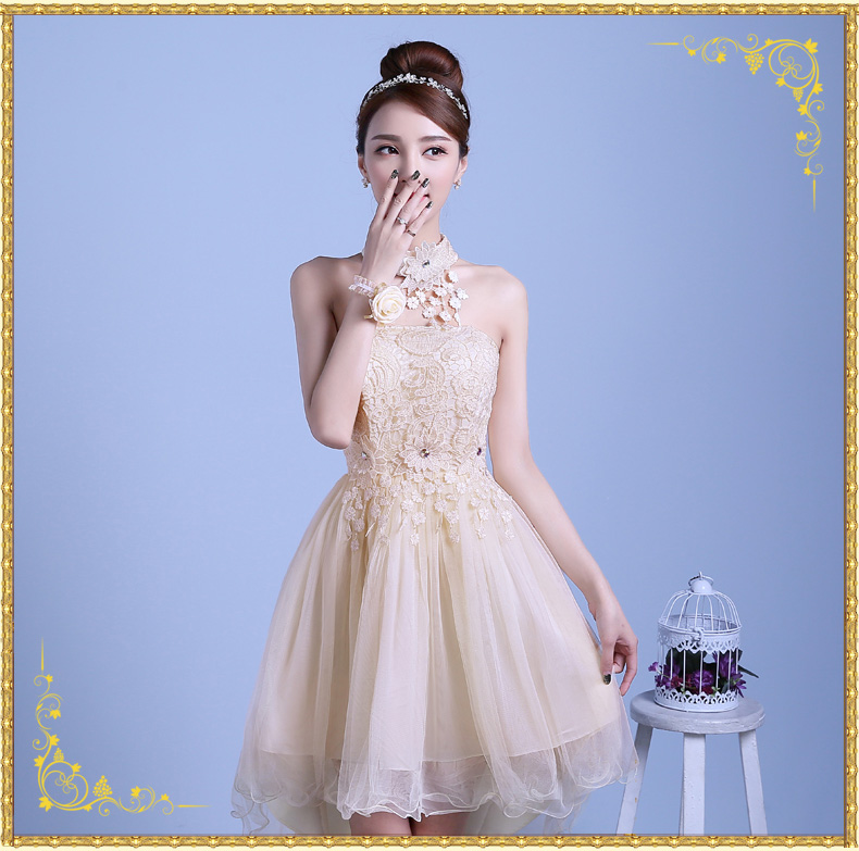 kudapy ชุดราตรีสั้นเกาะอกสีครีมเบจ/สีม่วง ผ้าลูกไม้ผสมซีทรู หน้าสั้นหลังยาว มีผ้าแต่งเป็นสร้อยคอติดดอกไม้ เดรสทรงสวยมากค่ะ