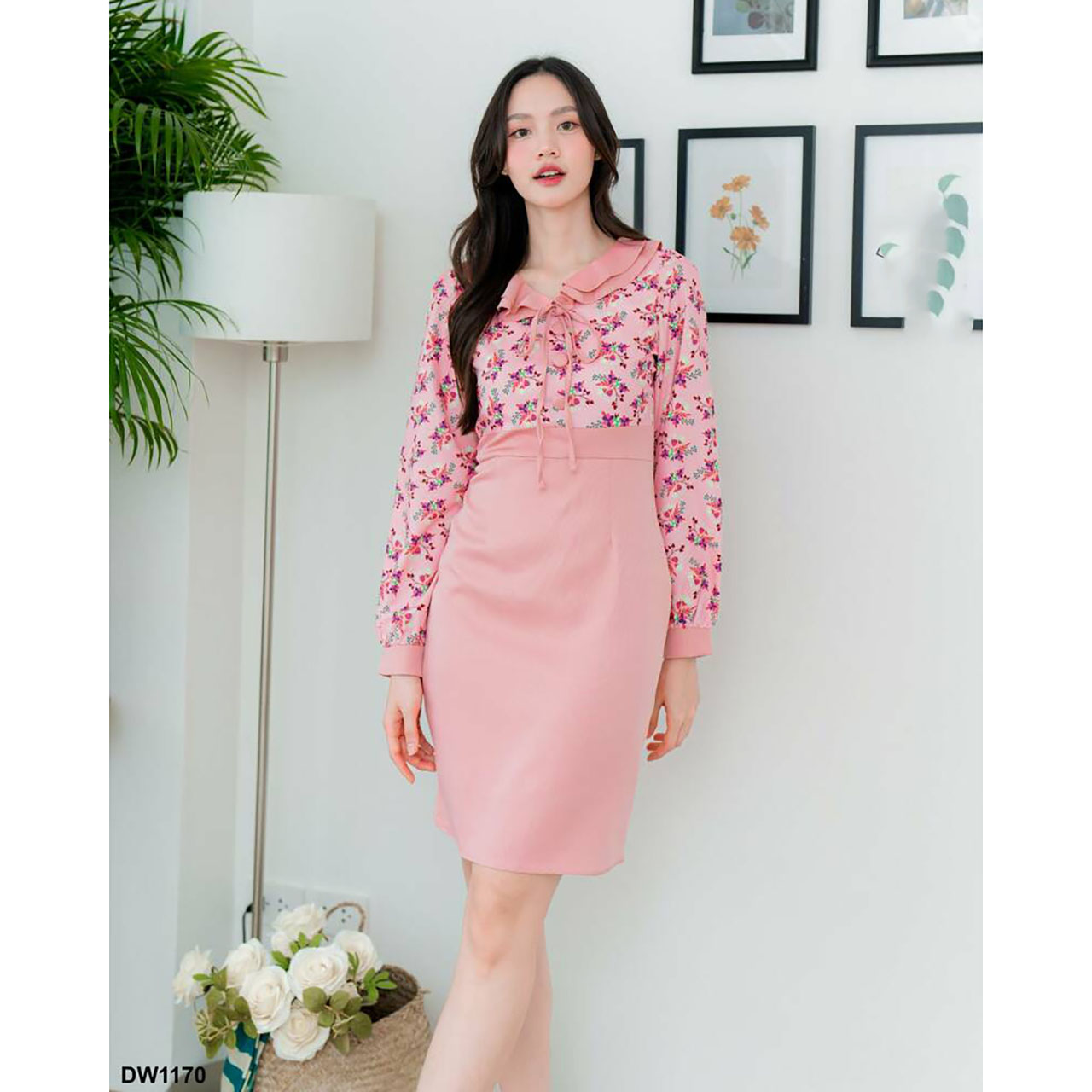 kudapy เดรสสั้นสีชมพู/สีกรม/สีม่วง แขนยาวลายดอก