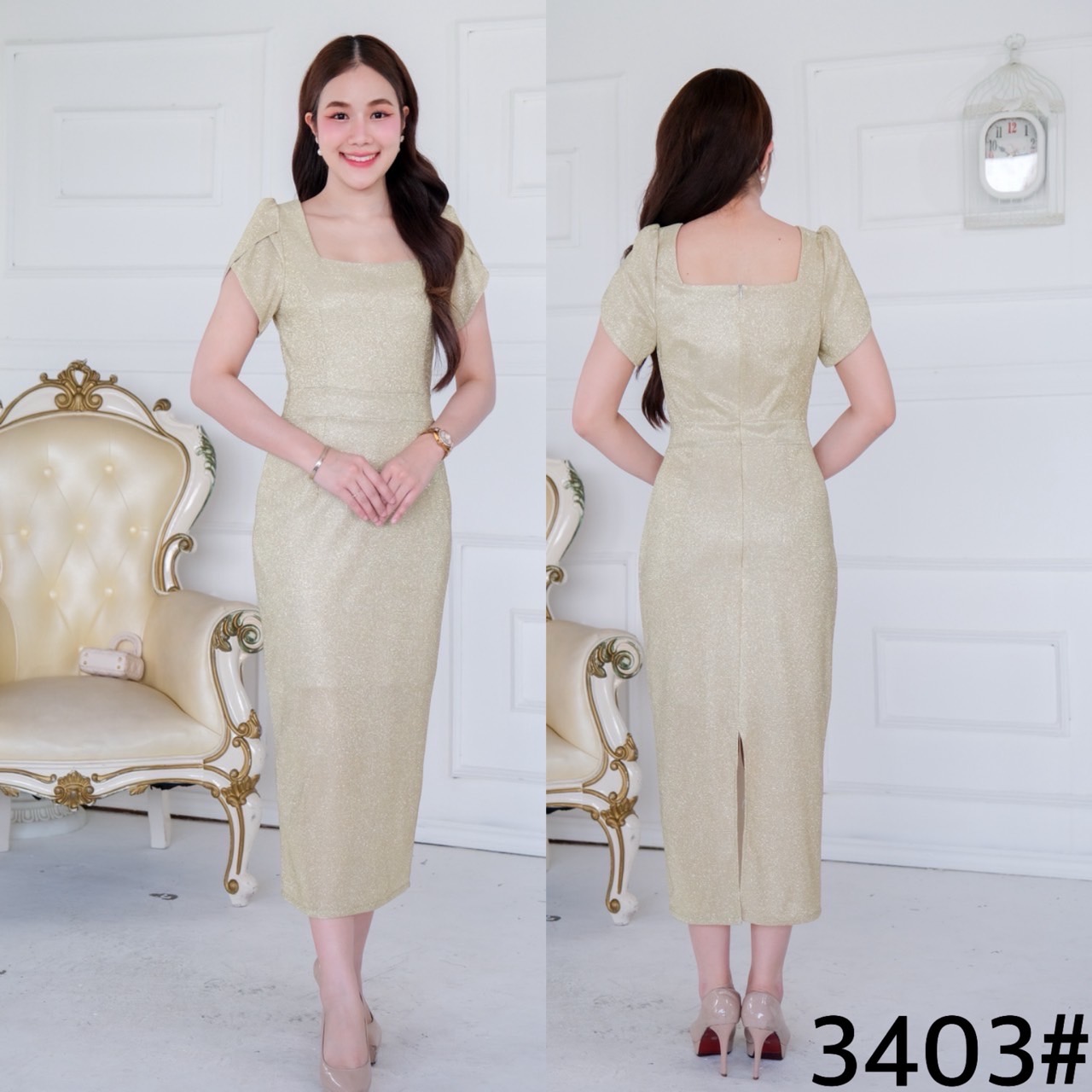 kudapy เดรสยาวสีชมพู/สีทอง/สีเงิน ออกงานคอเหลี่ยม ดีเทลแขนสั้น ทรงซ้อนกลีบดอกไม้ ทรงสวยเรียบหรู