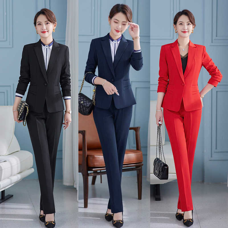 kudapy ชุดสูททำงานผู้หญิงสีดำ/สีแดง/สีกรม ปกป้านเรียบแขนยาวพร้อมกางเกง