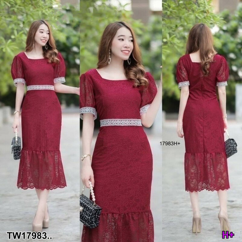 kudapy เดรสยาว เดรสคอเหลี่ยมแขนสั้น ผ้าลูกไม้ มีซับใน ปลายแขนกับเอวแต่งคาดด้วยลูกไม้ มีซิปหลัง