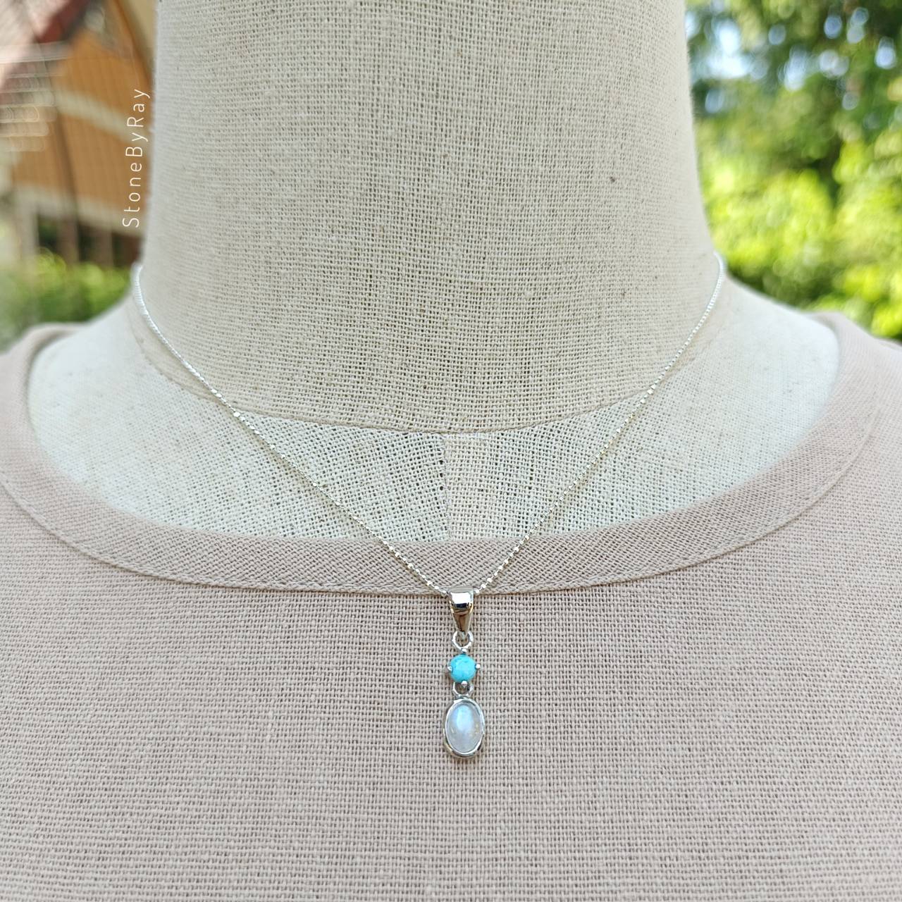 สร้อยคอเงินจี้หินมูนสโตนดีไซน์กับหินเทอร์ควอยส์ Moonstone+Turquoise