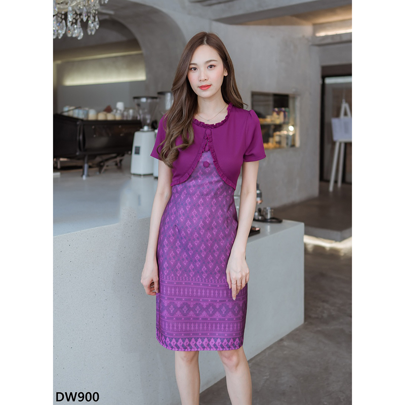 kudapy เดรสสั้นสีแดง/สีม่วง/สีฟ้า กระโปรงผ้าไทยท่อนบนสีพื้น