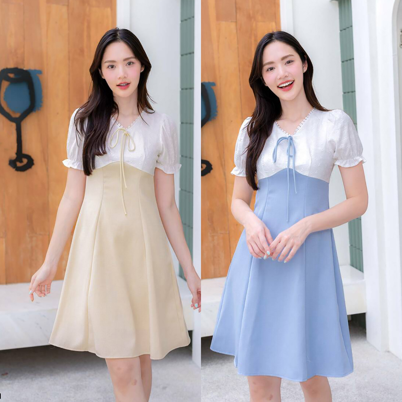 kudapy เดรสสั้นสีฟ้า/สีน้ำตาล เสื้อลูกไม้กระโปรงผ้าพื้น