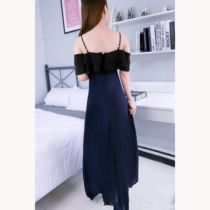 kudapy เดรสยาวสีดำ สายเดี่ยวตัวเดรสผ้ากระโปรงชีฟองสีกรมสวยเซ็กซี่