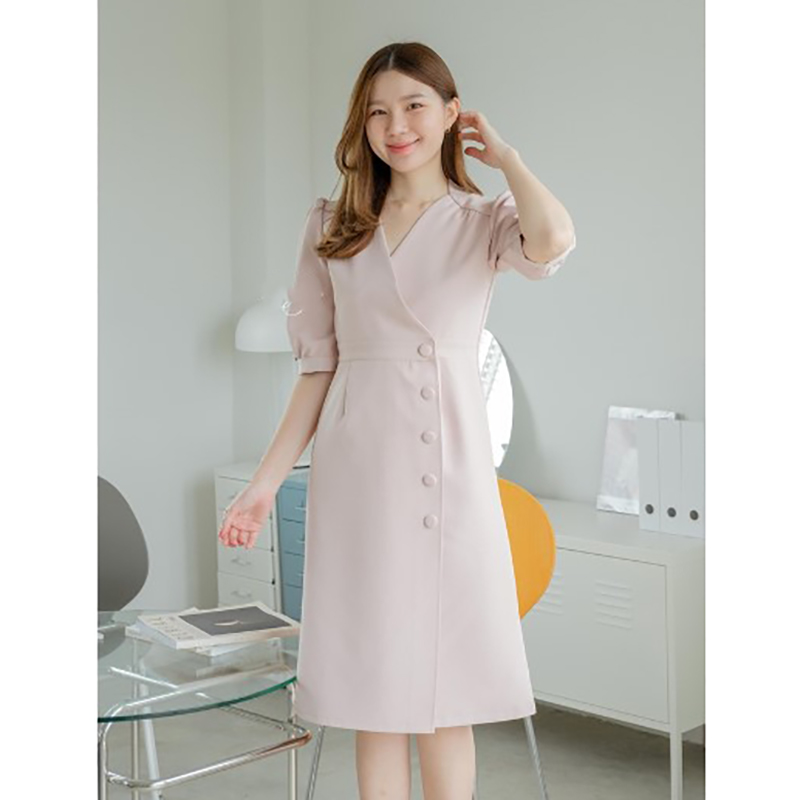 kudapy เดรสสั้นสีชมพูอ่อน,สีเหลือง,สีเขียว,สีดำ,สีชมพูนู้ด,สีแดงไวน์ ผ้านาโนเนื้อดี คอวีแขนตุ๊กตา