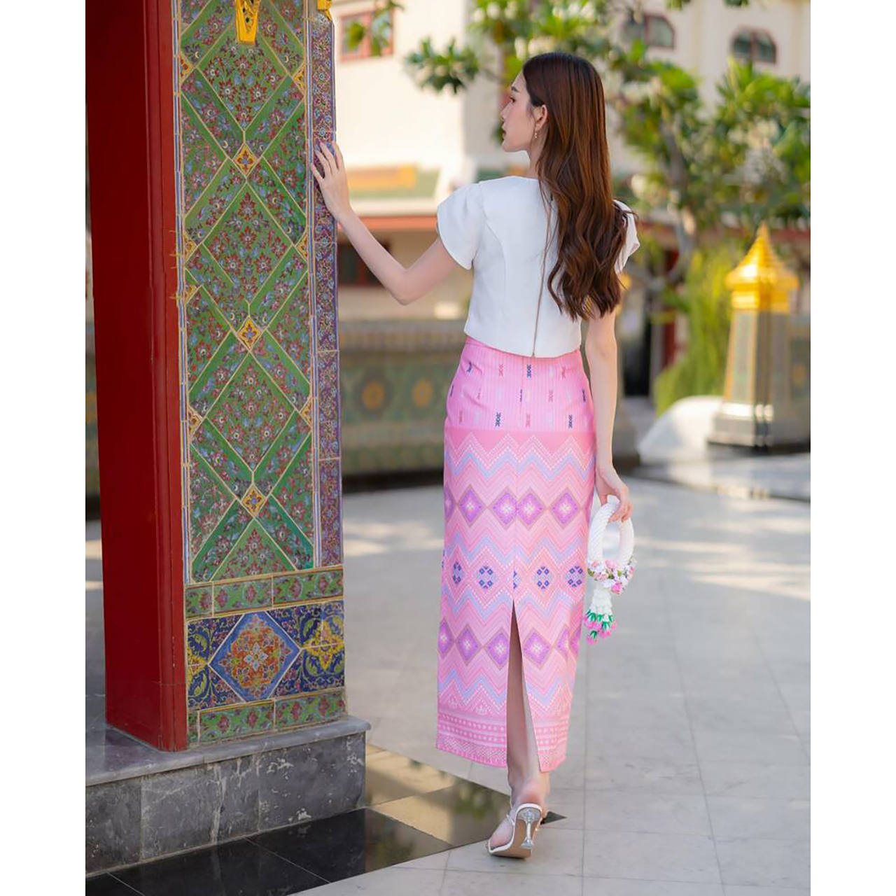 kudapy เซ็ตเสื้อแขนกลีบบัว+กระโปรงลายไทยสีครีม