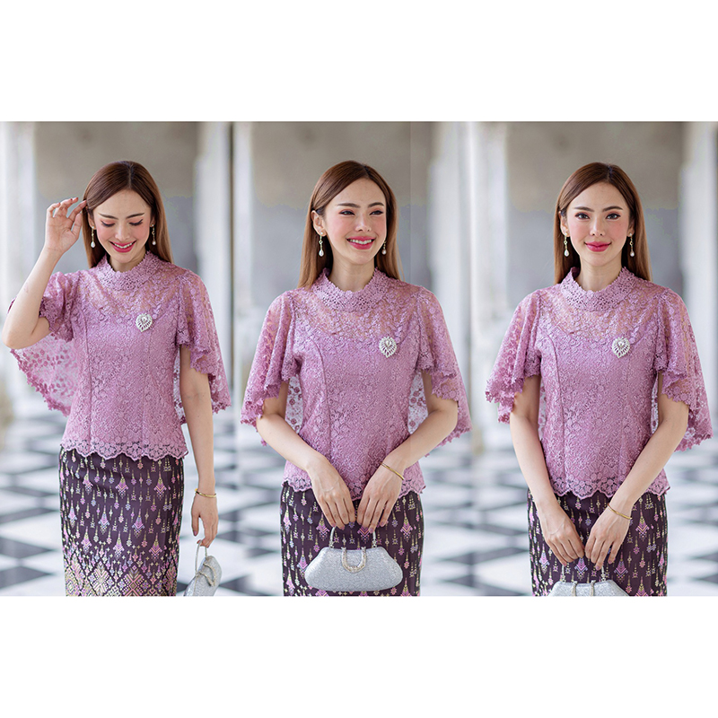 kudapy (เฉพาะเสื้อ) เสื้อลูกไม้สีม่วง/สีชมพู/สีขาว ตัวเสื้อใช้ผ้าลูกไม้ใยบวบเนื้อดีลายลูกไม้แน่นทั้งตัว ตัวเสื้อมาพร้อมซับในเนื้อดีในตัว