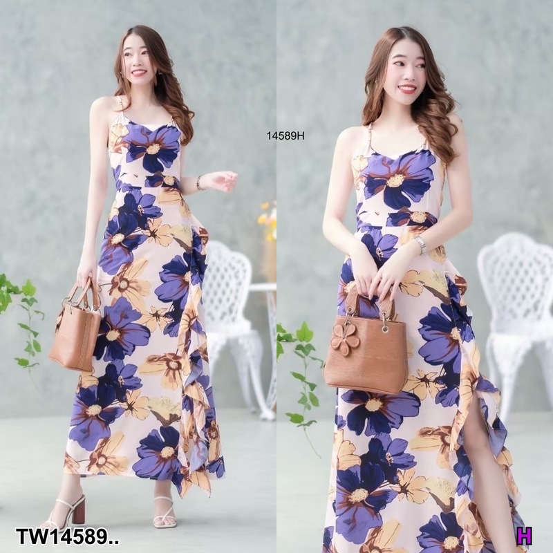 kudapy เดรสยาวสีครีม ชมพู ดำ ม่วง สายเดี่ยวไขว้สายด้านหลัง แต่งผ้าระบายและผ่าด้านข้าง มีซิปซ่อนด้านข้าง มีโบว์เส้นเล็กผูกเอวปรับระดับได้ งานผ้าไหมอิตาลี