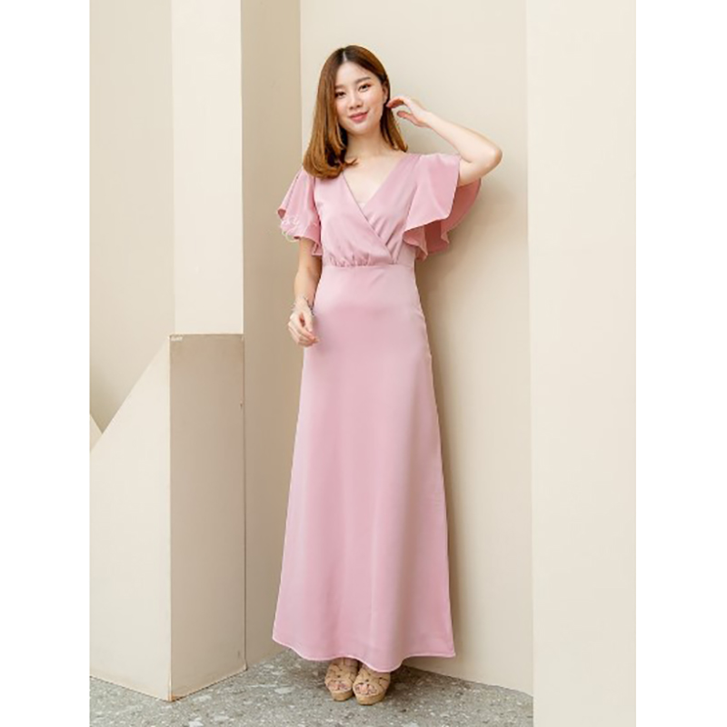 kudapy เดรสยาวสีชมพู/สีส้มทอง ราตรียาวผ้าวาเลนติโน เย็บป้ายช่วงอก จับจีบช่วงเอวเล็กน้อยเพิ่มความหวาน แขนระบาย