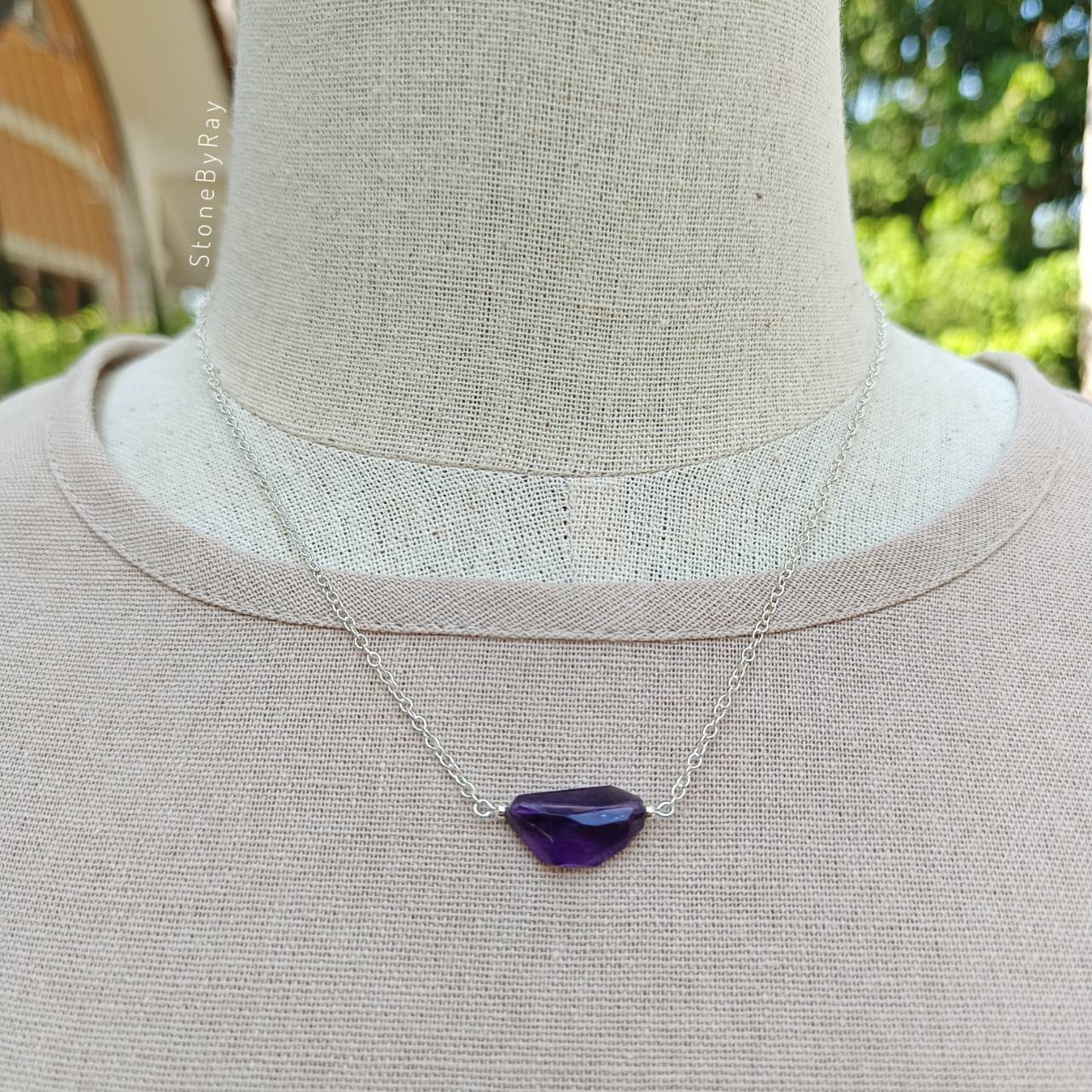 สร้อยคอเงินจี้หินอเมทิสต์เจียรเหลี่ยมแฟนซี Amethyst