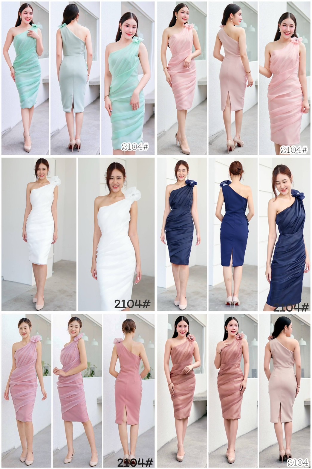 kudapy เดรสออกงานผ้าแก้ว เดรสสั้นไหล่เดี่ยว แต่งเข็มกลัดดอกไม้ สีชมพูพาสเทล ,ขาว ,โอรส ,กรมท่า