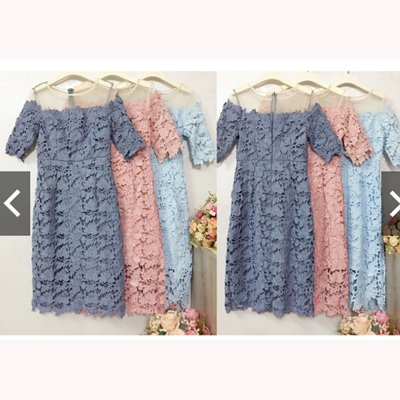 kudapy เดรสลูกไม้สีฟ้าคราม/สีฟ้า/สีชมพูกลีบบัว แขนสามส่วน ไหล่ซีทรูผ้าไหมแก้ว ผ้าลูกไม้