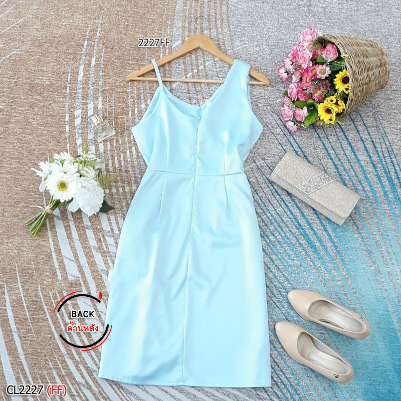 kudapy เดรสสายเดี่ยวสีน้ำตาลเข้ม/สีเขียว/สีฟ้า/สีน้ำตาล ผ้าซาร่าเงา แต่งระบายย้วยลงมาเพิ่มความโดดเด่นให้กับชุด