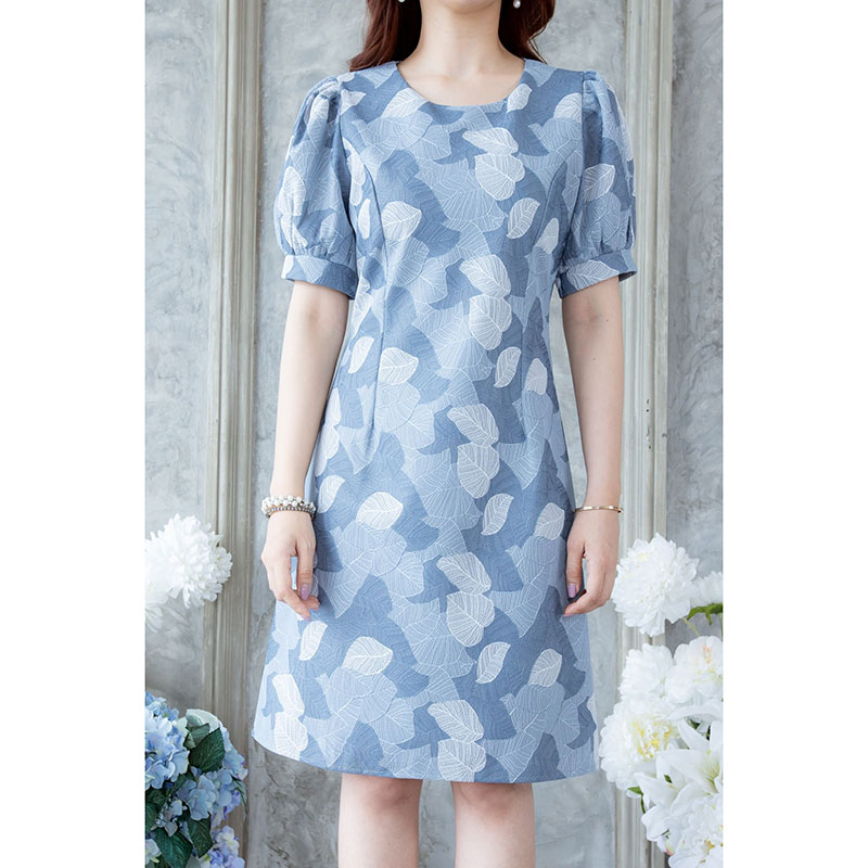 kudapy เดสรสั้นสีม่วง/สีฟ้า แขนสั้น ผ้าแต่งลายใบไม้อ่อนๆสวยดูดี ใส่สบาย ออกงานได้หลายโอกาส