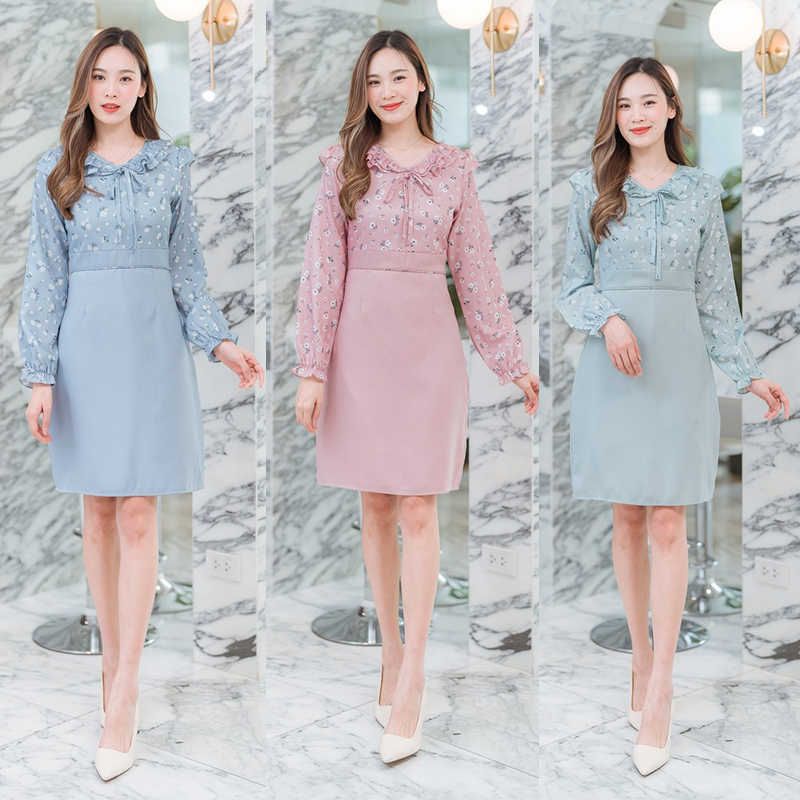 kudapy เดรสสั้นคอกลมสีฟ้า/สีชมพู/สีเขียว ใส่ทำงานแขนยาวคอระบายผูกโบว์กลางอก