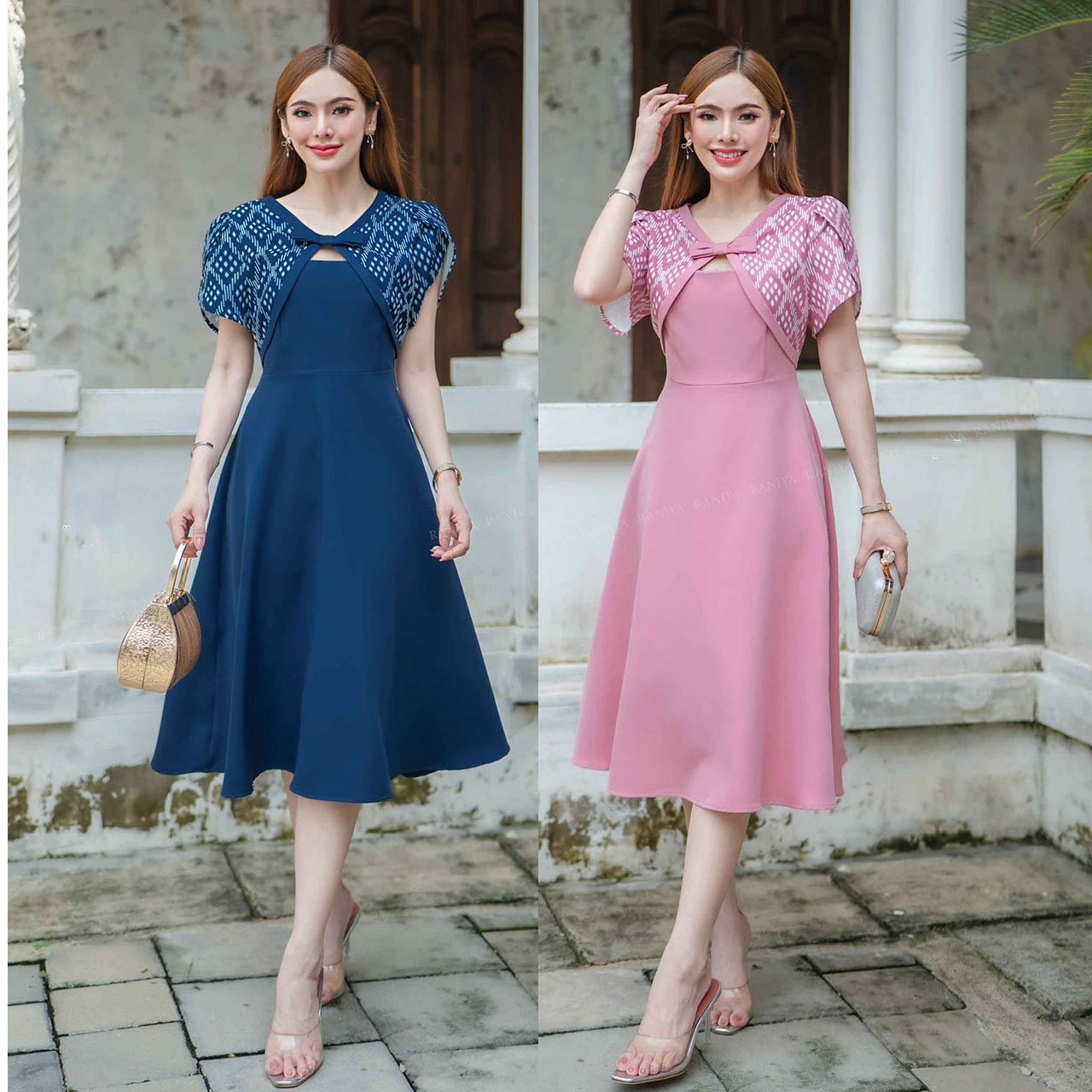 kudapyเดรสสั้นสีชมพู/สีกรม ผ้าโพลีเอสเตอร์เกาหลี ตัวเสื้อเป็นคอวีแต่งโบว์ตรงอก แขนทรงทิวลิป กระโปรงทรงทวิตฟรีไซส์