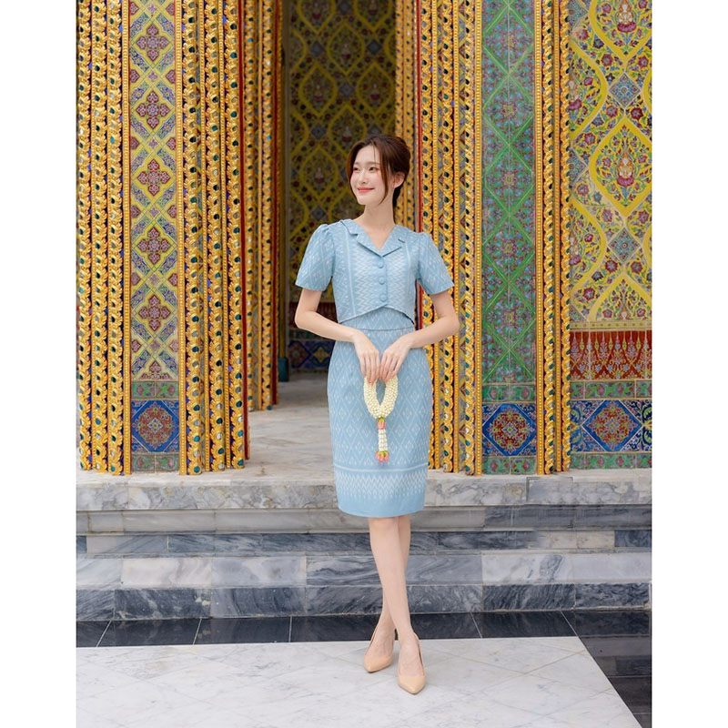 kudapy เดรสสั้นสีฟ้า/สีโอรส ผ้าทอแต่งปกเทเลอร์ ลายผ้าไทย ใส่ออกงาน ใส่ทำงานสวยดูดี
