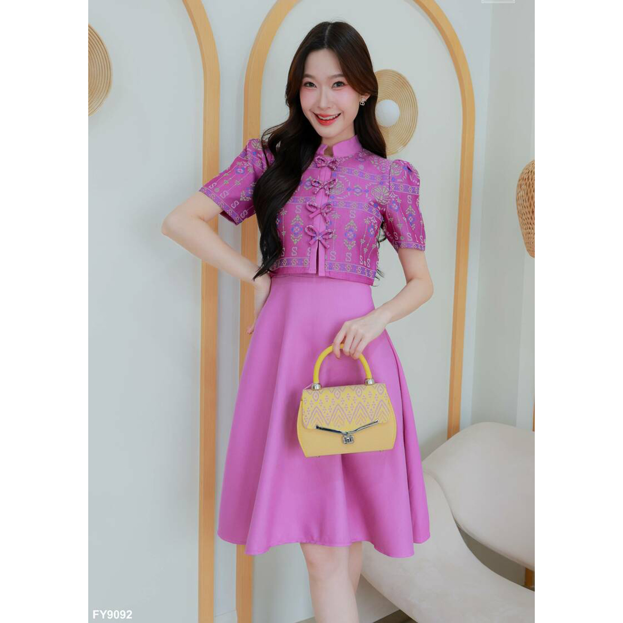 kudapy เดรสสั้นสีชมพู/สีม่วง เสื้อคอจีนแขนตุ๊กตากระดุมโบว์