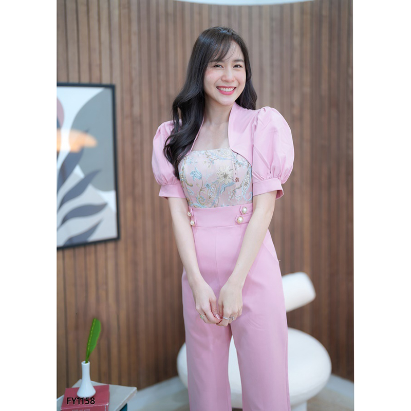 kudapy จั๊มสูทขายาวสีชมพู/สีน้ำตาล อกผ้าทอสวยดูดีใส่ออกงานน่ารักมากๆ