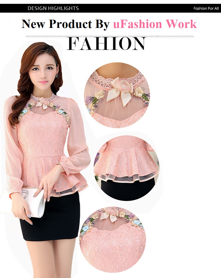 kudapy เสื้อลูกไม้สีโอลโรสแขนยาว ทรงเข้ารูป คอกลมปักดอกไม้และ ปักลูกไม้และ ต่อชายระบายช่วงเอว