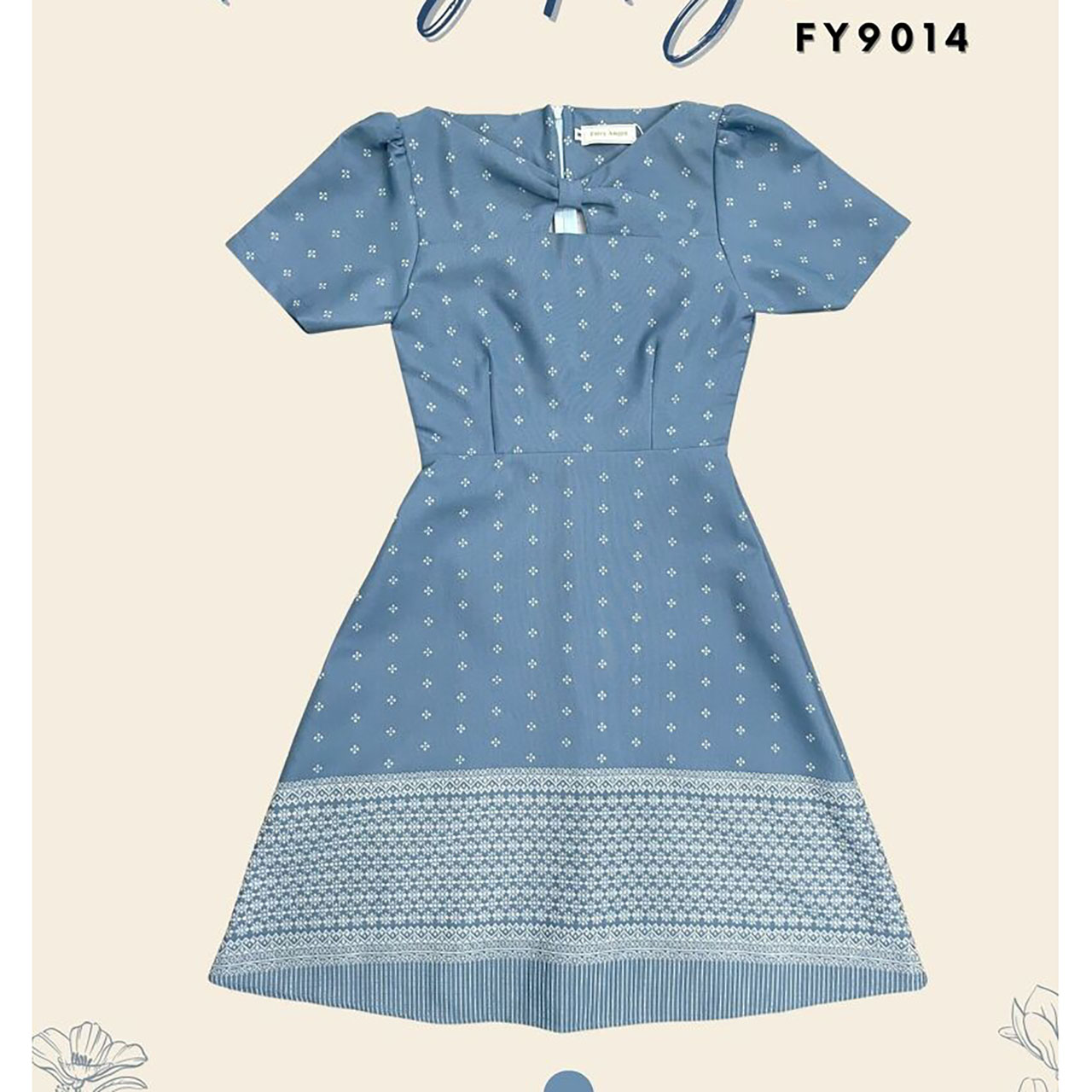 kudapy เดรสสั้นสีฟ้า ผ้าไทยวันแม่ทรงบาน แขนสั้น