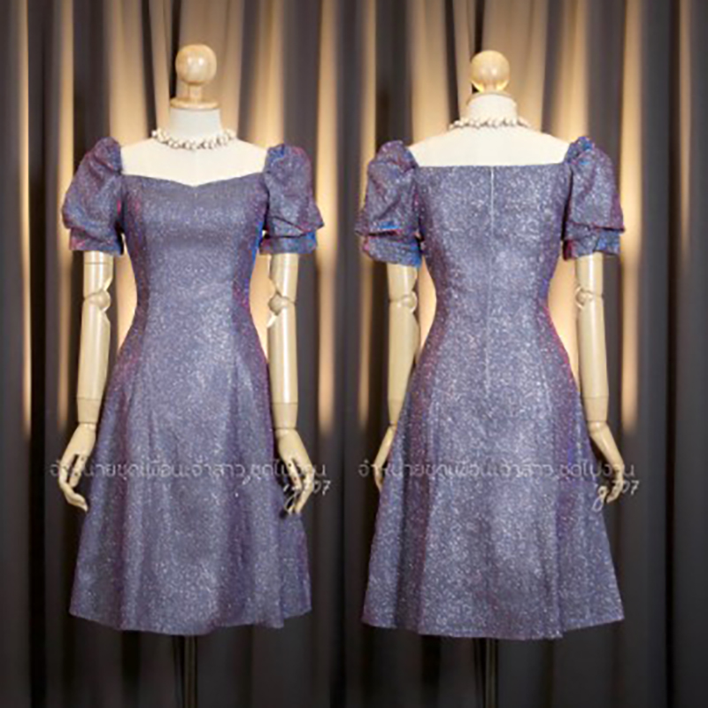 kudapy เดรสสั้นสีเทาเงิน/สีฟ้า/สีทองแชมเปญ/สีม่วงอ่อน แขนตุ๊กตา ทรงอกหัวใจ เนื้อผ้า Glitter ละเอียด สวยเด่นแต่ไม่เว่อร์ ผ้าไม่ยืด มีซับใน ไม่บาด ไม่คันผิว