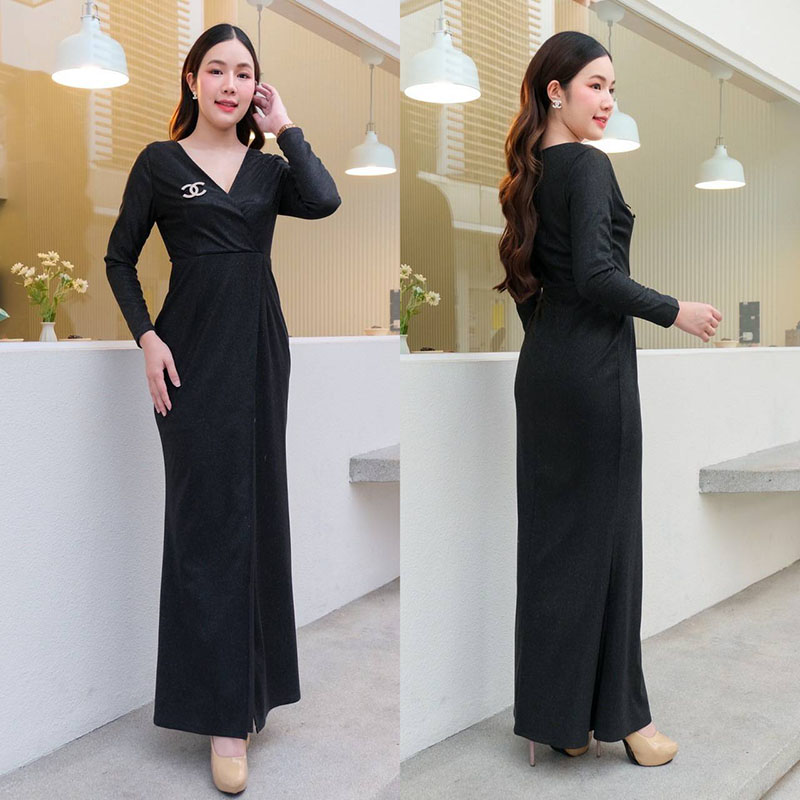 kudapy เดรสยาวสีแดงอมม่วง/สีเงิน/สีทอง/สีดำ/สีน้ำเงิน คอวี แขนยาว กระโปรงผ่าหน้า ทรงเข้ารูป รุ่นนี้ใส่ผอมสวยมากค่า ซิปหลังใส่ง่าย